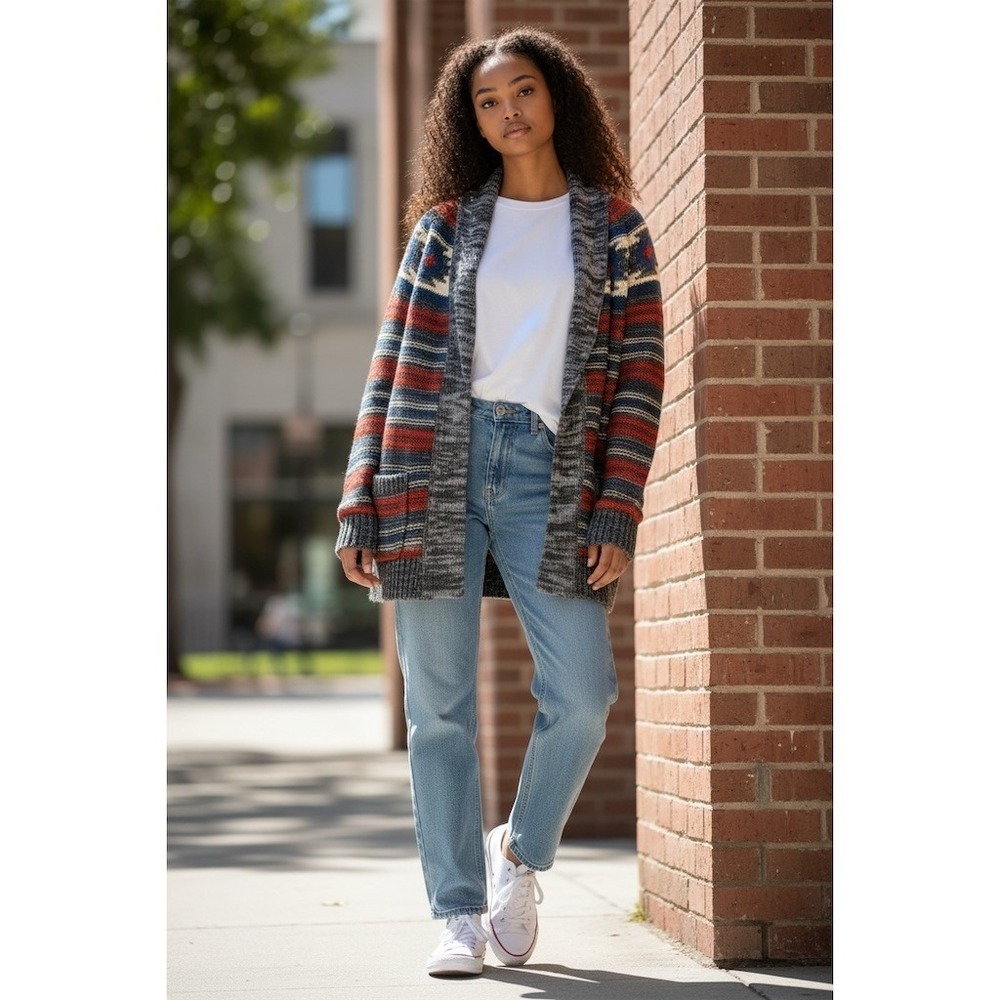 Roxy Cardigan Sweater Women Sz M Multicolor Aztec Stripe Open Front Aztec no tie